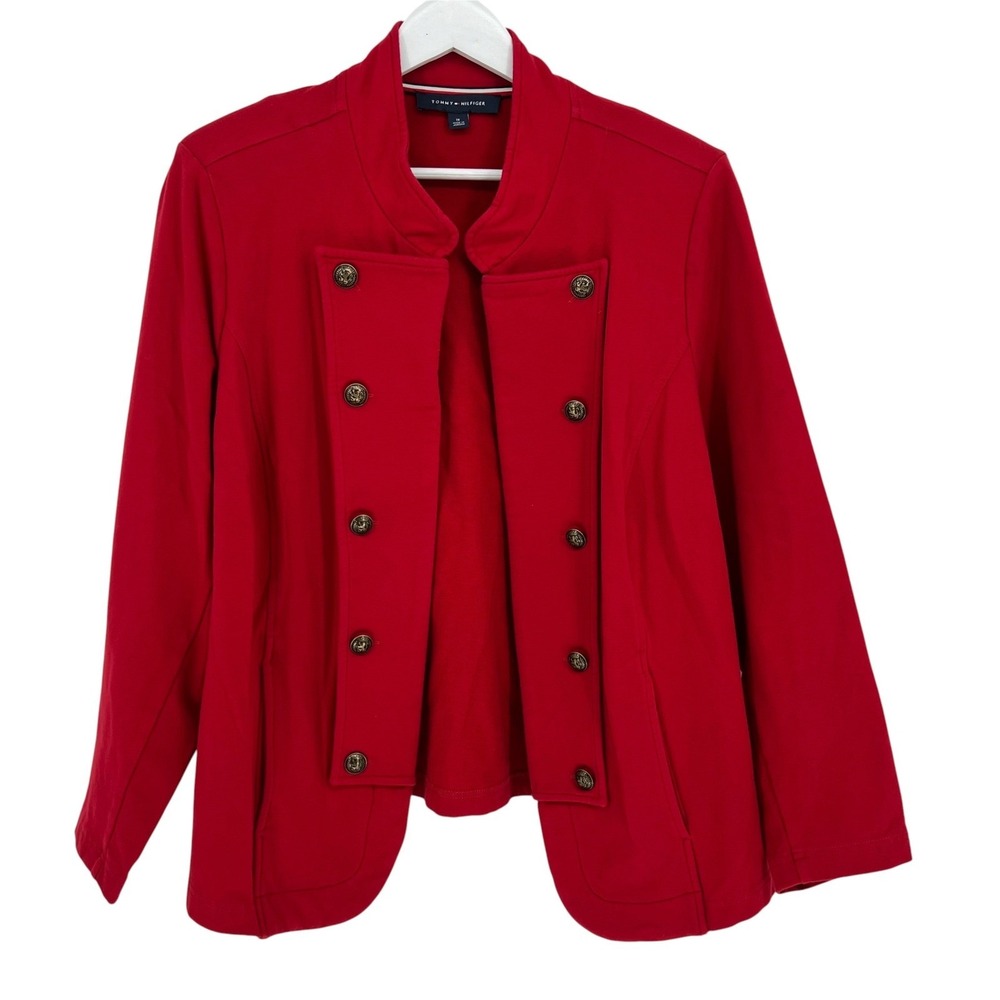 Tommy Hilfiger Military Blazer Women 1X Red Knit Crest Button Open Front Jacket